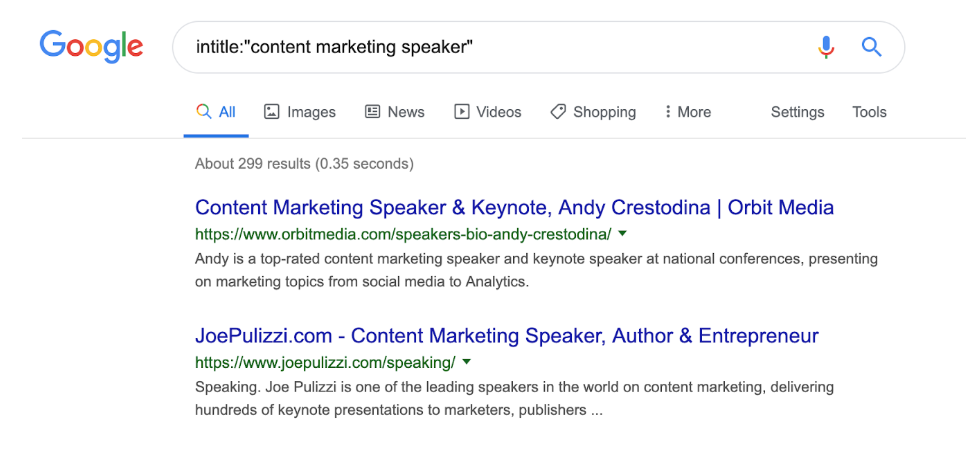 búsqueda de oradores de marketing de contenidos en Google